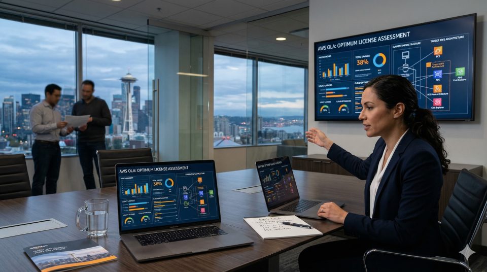 Professional corporate boardroom setting showing an AWS OLA (Optimization and Licensing Assessment) dashboard on a laptop and wall monitor, highlighting cloud cost savings and infrastructure analysis.