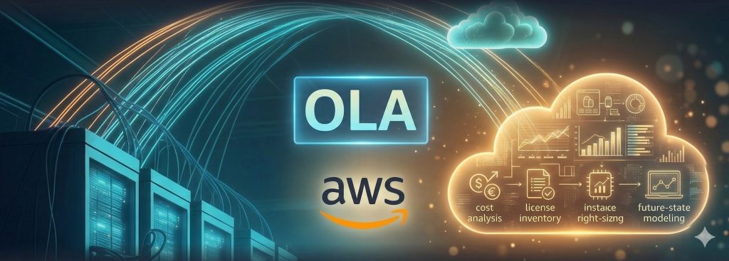Abstract technical diagram of an AWS OLA (Optimization and Licensing Assessment) showing the flow from on-premise servers to a glowing AWS cloud with cost analysis and license inventory icons.
