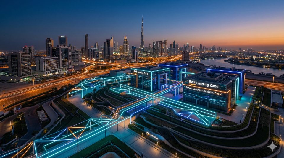 A realistic nighttime landscape of a futuristic AWS Landing Zone facility in Dubai, featuring architectural neon lighting in blue and orange, with the Dubai skyline and Burj Khalifa in the background.