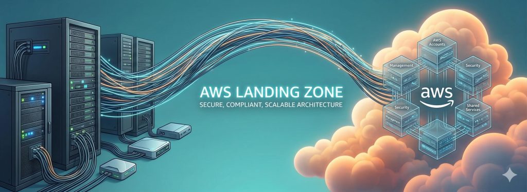 A conceptual visualization of an AWS Landing Zone, showing stylized data streams flowing left to right from on-premises server racks to an interconnected multi-account AWS cloud environment with built-in governance and compliance.