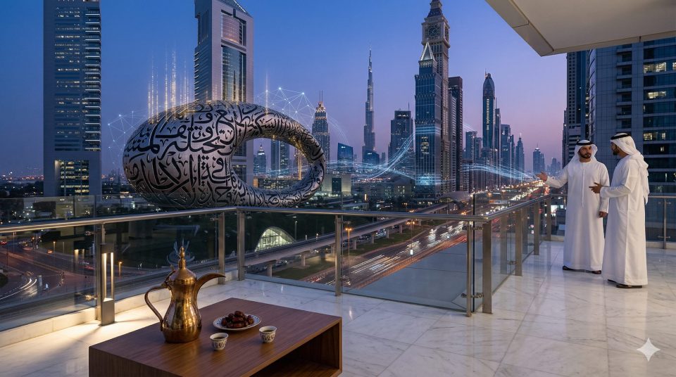 Professional Data and AI consultancy visualization featuring Emirati professionals on a terrace overlooking the Dubai Museum of the Future and skyline at twilight.