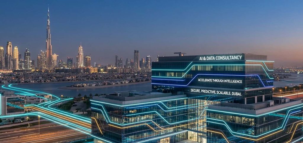 An aerial night landscape of a futuristic AI and Data Consultancy campus in Dubai, featuring architectural neon data streams and neural network lighting, with the Burj Khalifa and city skyline in the background.