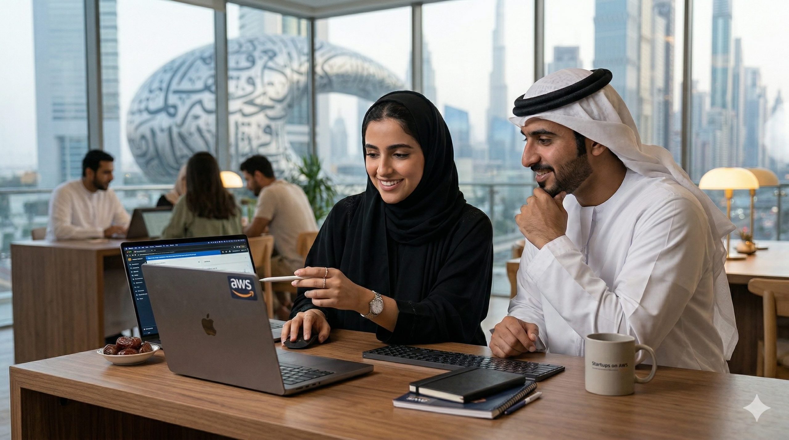 Diverse tech entrepreneurs in a Dubai coworking space working on a laptop with AWS branding, overlooking the Museum of the Future.