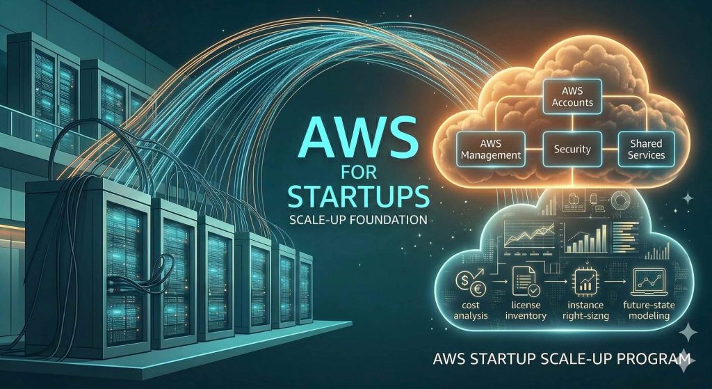 A technical diagram of a startup on AWS showing the transition from on-premises servers to a cloud-native 'Scale-Up Foundation' featuring AWS Management, Security, and Shared Services modules in a sunset Dubai setting.